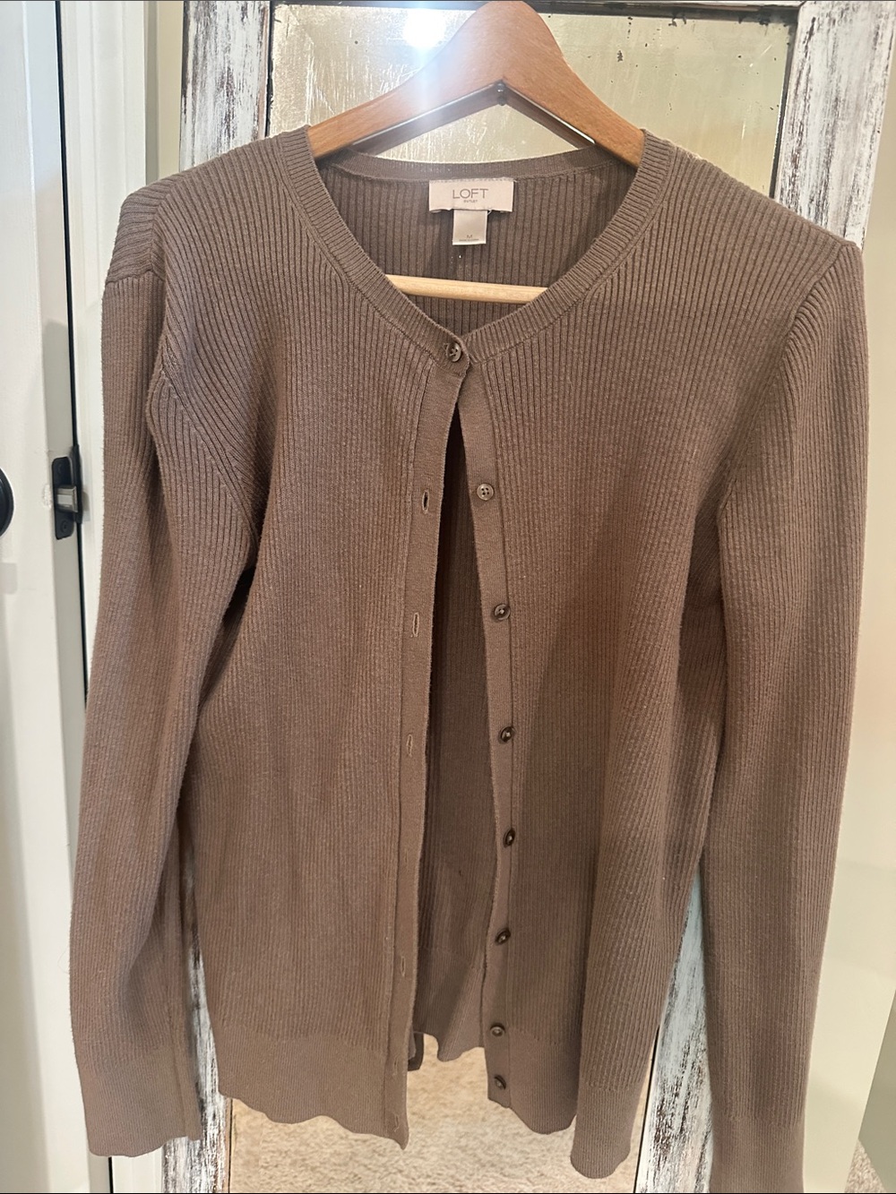LOFT Taupe Ribbed Button-Front Sweater Cardigan